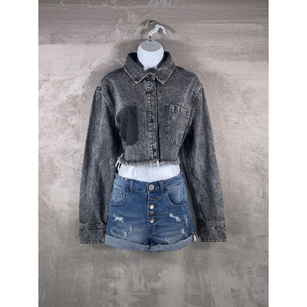 SER.O.YA Jean Jacket Womens Size Small Smoke Black Cropped Frayed Acid Wash